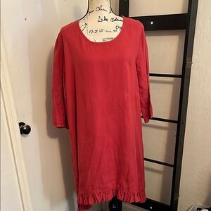 Bryn Walker Linen Red Ruffle Hem Hi-Lo Pullover Dress Boho Lagenlook Coastal
